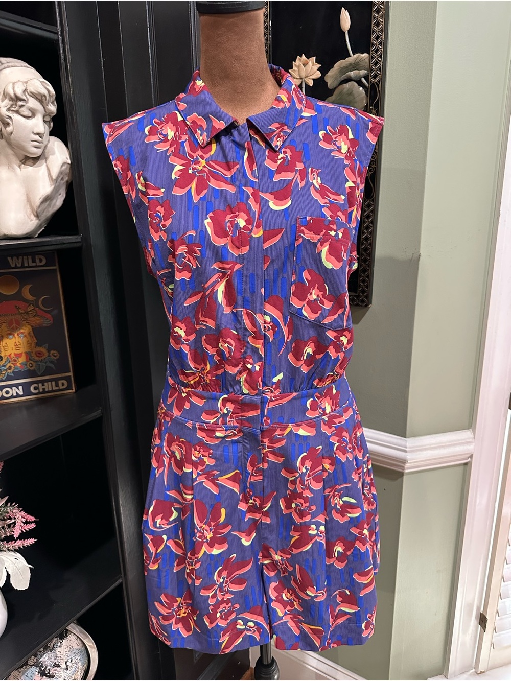 Athleta Brooklyn Utility Romper Blue Red Floral Sleeveless Zip Front Size 10